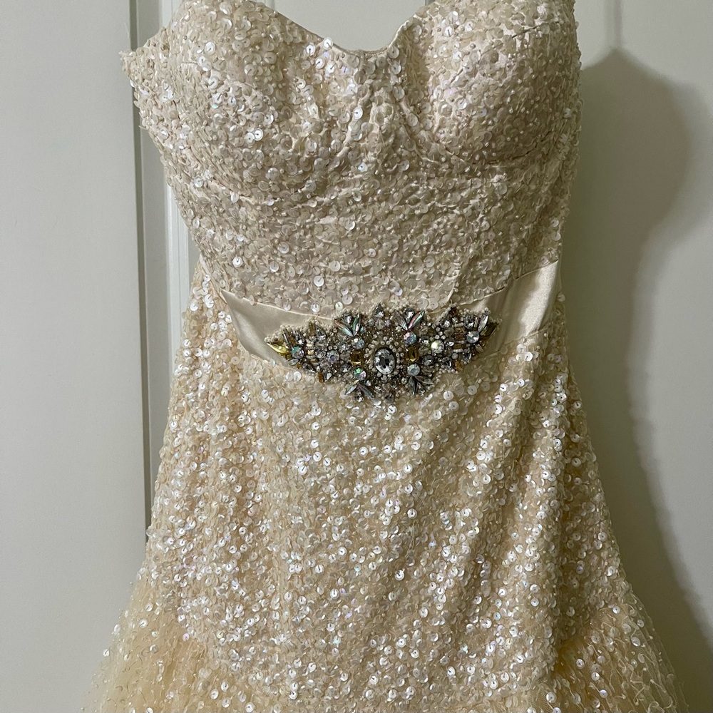 Mac Duggal Beaded Cream Sequin Strapless Corset Bustier Tulle Mermaid Dress